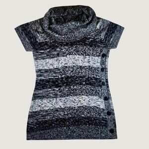 Extra Touch Plus Size 3X Cowl Neck Sweater Tunic Black White Striped Button Side